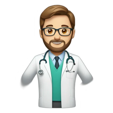 white doctor with short brown hair, big forehead, glasses and beard sticker