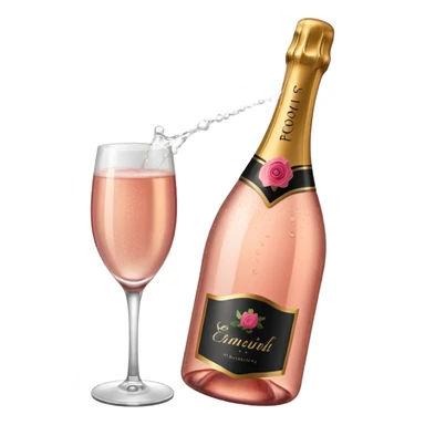 bottle of sparkling rose champagne tilted up and to the right sticker