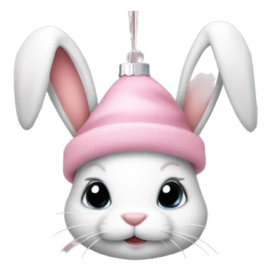 Cute bunny with long ears hanging down. A light pink Christmas hat. And holding a Christmas ornament  sticker