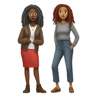 One woman with gray locs wearing pants , other woman is brown with red locs in a knee-length dress with a cozy sweater, shopping in yardsale sticker