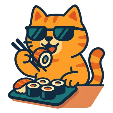 cat in sunglasses eating sushi sticker
