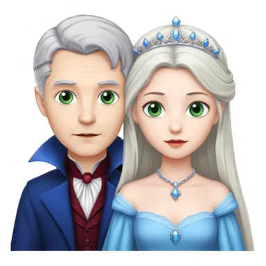 A vampire man with gray hair and blue eyes and a princess with light brown hair and green eyes sticker