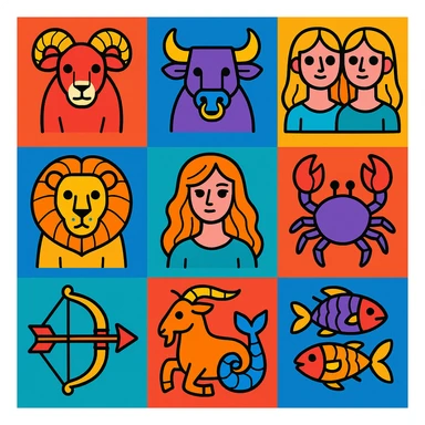 zodiac sign icons, vibrant cartoon style, bright colors, bold outlines sticker