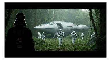cinematic still, Medium shot, amazon jungle, Darth Vader around stormtroopers coming out from starship on ground, they are exploring the jungle, inspired by StarWars movie, captured by arri alexa sticker