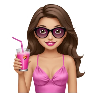 girl with long wavy brown hair, brown eyes, long lashes makeup, sexy pink lips, smiling, light to medium complexion, wearing a pink sexy silk top, relaxing in a beach chair, wearing black sunglasses, holding a drink sticker