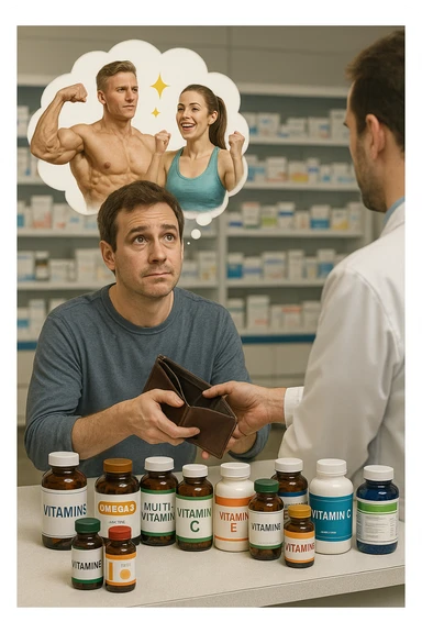 a man stands at a pharmacy counter, handing over a nearly empty wallet to the cashier while the counter is filled with bottles of supplements and vitamins. His expression is hopeful but slightly anxious. In the background, a thought bubble shows exaggerated images of instant health and fitness, symbolizing unrealistic expectations.  in italiano super realistica sticker