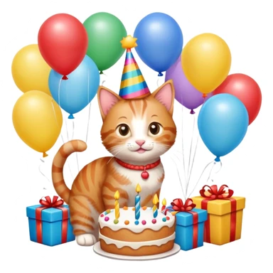 Ginger tabby kitten birthday, birthday hat, birthday cake, balloons, happy, gifts sticker
