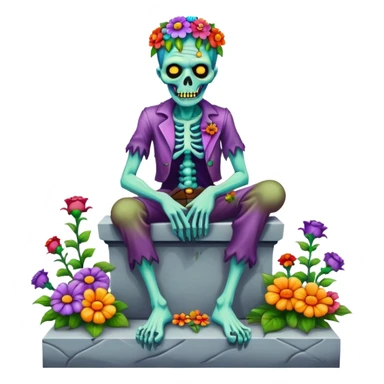 Cinematic ultra detailed 32k HD Psychedelic colored hippie style zombie with flowers sitting on a tombstone sticker