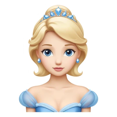Cinematic Elegant Cinderella Portrait Emoji, rendered in a flat, vector-style with minimal shading and bold, simplified shapes. Depict Cinderella in her classic ball gown (chest and above) with fair, porcelain skin and elegantly styled blonde hair, her eyes soft and kind, and her expression serene and graceful. The design glows with a gentle, enchanting radiance and high shine, capturing the timeless beauty of a fairy tale princess. sticker