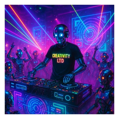 vibrant robot party scene with humanoid robot DJ in black t-shirt with glowing 'CREATIVITY LTD' text, DJ booth surrounded by neon lights, lasers, smoke, metallic robots dancing, holographic displays creating immersive creative atmosphere sticker