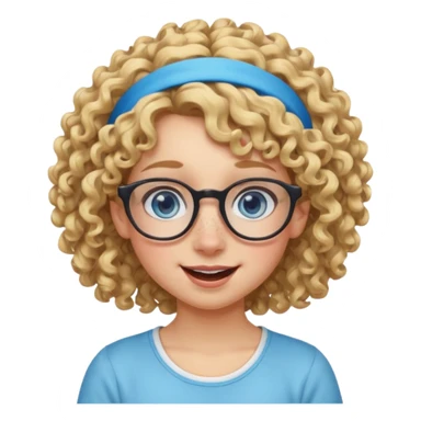 blond kid with unique face features and very curly hair kid girl happy and big glasess and big nose and very blue eyes and headband with freckles sticker