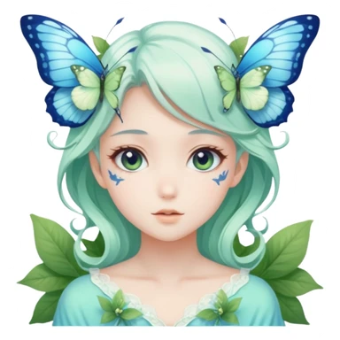 Beautiful pastel white and green and blue fae-butterfly-floral-anime-lady divine gorgeous beautiful with nature background  sticker