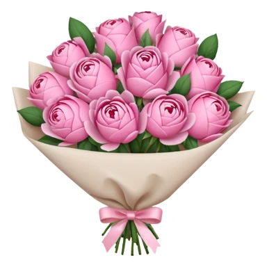 Bouquet of pink flower like rose and peony wrapped in white paper sticker