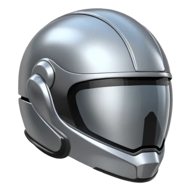 A futuristic helmet emoji made of silver chrome, smooth aerodynamic shape, minimal visor detail, reflective metallic surface, sci-fi aesthetic, iOS emoji style, centered on clean white background sticker