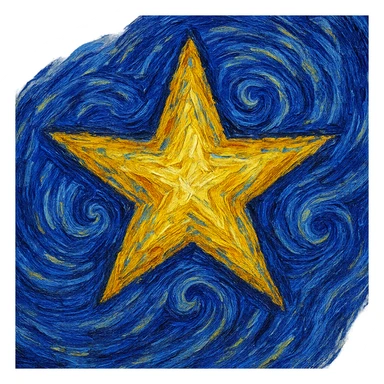 a star in the style of van Gogh's Starry Night, with swirling brushstrokes and vibrant colors, post-impressionist style, expressive lines, thick impasto texture, blue-yellow palette, bold color contrasts, swirling night sky patterns sticker