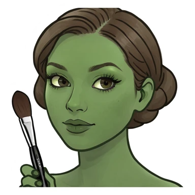 Aesthetician with brown hair, holding a makeup brush sticker