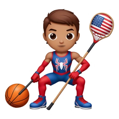 Spider-Man with an American flag holding a basketball and hockey stick sticker