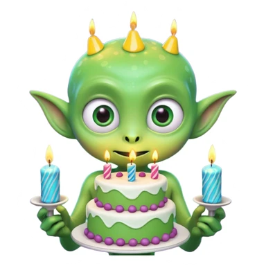 A cute friendly alien holding a birthday cake with candles, big expressive eyes, bright colors, cartoon style, playful atmosphere, 3D animated look, Pixar-inspired, highly detailed
 sticker