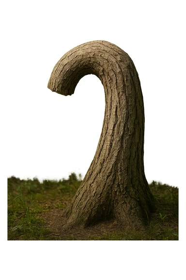 Realistic, vertical 4K illustration: a hyperrealistic tree trunk in a forest setting, noticeably bent, drooping, or wilted instead of standing upright. The bark is textured and detailed, with subtle cracks and faded colors suggesting loss of vitality. Soft, natural light filters through the surrounding trees, casting gentle shadows. The scene is quiet and contemplative, with the trunk’s unusual, slumped posture symbolizing a decline in male libido. The background is lush and detailed, but the focus remains on the central, softened trunk, evoking a sense of vulnerability and introspection. sticker