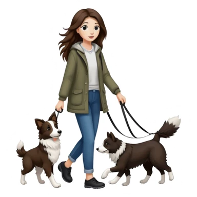 A beautiful girl with long brown hair walks a black and white Border Collie sticker