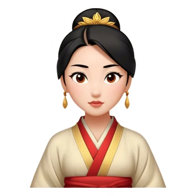 Cinematic Elegant Mulan Portrait Emoji, rendered in a realistic, vector-style with minimal shading and bold, simplified shapes. Depict Mulan (chest and above) with warm, light-toned skin, almond-shaped eyes, and sleek black hair styled in a traditional bun. She wears a modest, traditional robe with subtle red and gold accents, glowing with a soft, refined radiance and high shine, capturing timeless beauty and inner strength. sticker