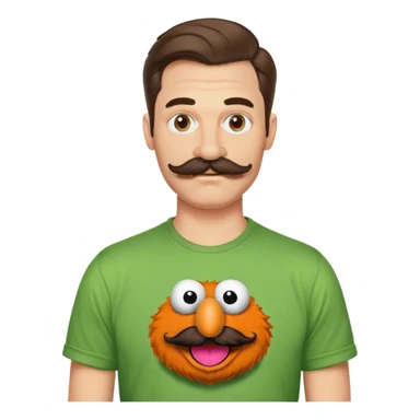 Sexy man who is six foot two in a muppets t shirt and handle bar moustache sticker
