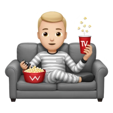 male memoji, lazy man in pajamas, lying on couch, holding TV remote, relaxed face, casual home vibe, popcorn bucket, watch tv sticker