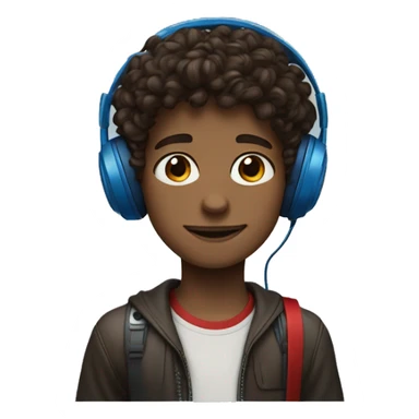 a young boy with headphones red and blue an dark brown curly hair and brown eyes and an small hoop eaing sticker