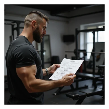 Bodybuilding coach explaining a simple cycle start protocol, holding a sheet with readable text: 'Ciclo base: testosterone enantato 250 mg/settimana, 8 settimane, protezione: tamoxifene 10 mg/die'. Gym environment, hyperrealistic 4K details. sticker