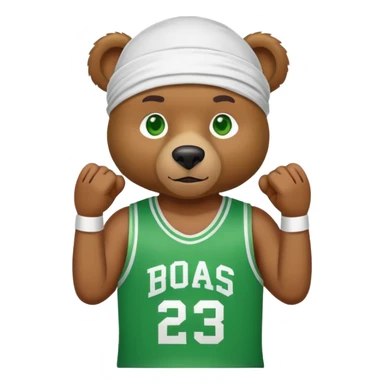 Cool brown bear with green eyes shown to shoulders, white durag, green and white basketball jersey visible on upper chest and shoulders, iOS emoji style sticker