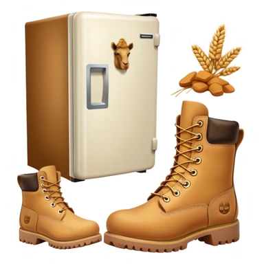 A white refrigerator with a camel head on top, and four Timberland-style wheat colored work boots attached to the bottom corners sticker