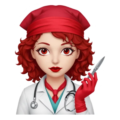 Lilith scalpel in hand, evil surgeon sexy surgeon clothes.  She has red eyes. Dark brown curly hair. Wears sexy doctor outfit with red gloves.covers her mouth necknose with red bandana to hide  her identity. Hair is long and brown sticker