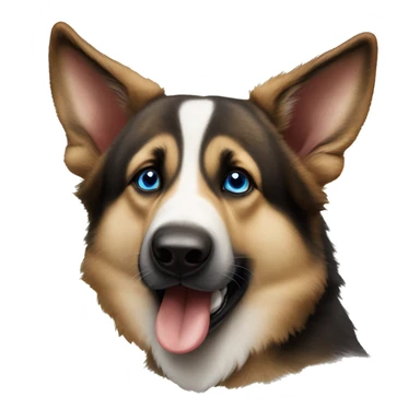 brown and white German shepherd, with blue eyes, has a panda teddy in its mouth sticker