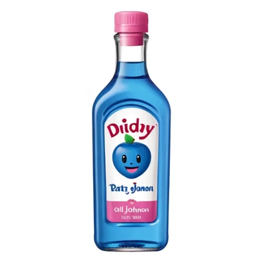 bottle of oil blue top pink outside with logo that says Diddy Party oil Johnson and Johnson  brand with a smiling berry on top sticker