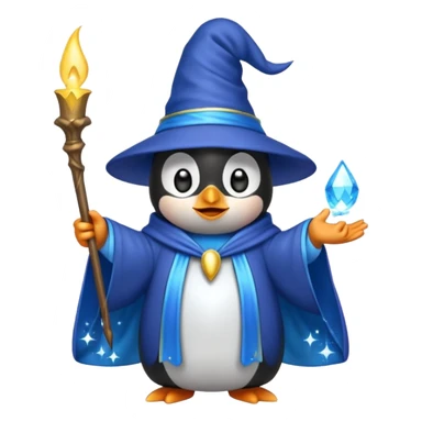 penguin wizard casting a spell with sparkles and a blue robe, emoji style sticker