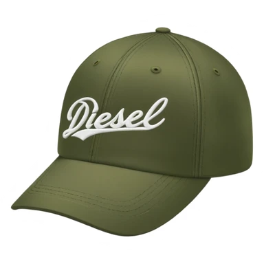 Dark olive green Diesel baseball cap, white script Diesel lettering with logo underneath, standalone hat without person sticker