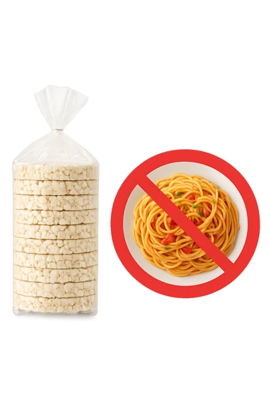 confezione di gallette di riso con accanto un piatto di pasta con divieto sopra, in italiano,  realistici sticker