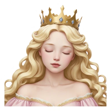 Cinematic Realistic Sleeping Beauty (Aurora) Portrait, with porcelain-like skin featuring a natural rosy flush, illuminated by soft lighting that highlights the gentle contours of her face. Her golden blonde hair flows in soft, detailed waves with subtle highlights that shimmer in the light. Her deep violet-blue eyes radiate warmth and innocence, framed by arched brows and long lashes. With a soft, serene smile, she holds a delicate rose gently in one hand, her other hand resting lightly by her side. She is dressed in her classic pink gown, the fabric rich in texture with delicate folds that catch the light. A golden crown rests atop her head, gleaming with royal refinement. The portrait captures a soft, glowing aura, blending realism with an ethereal sense of beauty and timeless enchantment. sticker