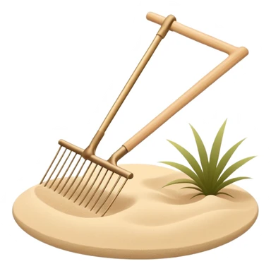 Minimalist emoji of a Japanese zen garden rake, elegant thin lines, light wood tone, sand-beige palette, flat vector style, calm and balanced aesthetic, inspired by zen tranquility, transparent background, premium minimal design sticker