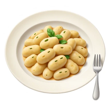 Gnocchi Cinematic Realistic Gnocchi Dish Emoji, depicted as tender oblong potato gnocchi garnished with iconic fork marks on top, rendered with soft textures and warm, inviting lighting. sticker