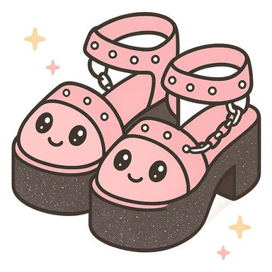 Add a subtle glitter effect to the black-to-pastel pink gradient platform sandals with silver studs and chains, kawaii style, no socks, no hearts, transparent background sticker