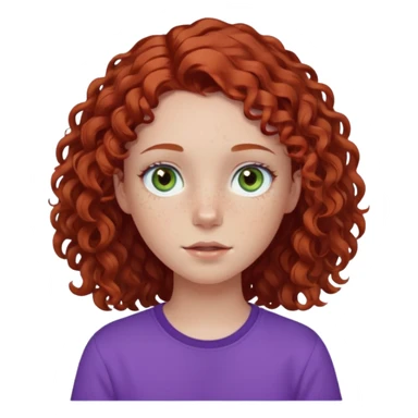 pale white teen girl with light blueish green eyes and freckles with brownish red curly middle part hair and purple shirt sticker
