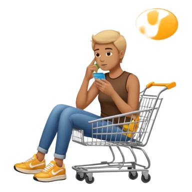 Emoji-style illustration of a person holding a credit card, hand on chin thinking. A thought bubble above the head showing clothes, sneakers, and a shopping cart, representing deciding whether to spend money. Clean, modern emoji style, bright colors, white or transparent background. sticker