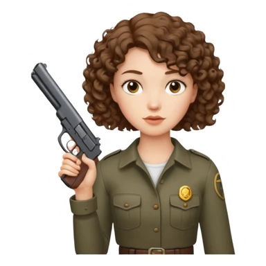 White woman with short curly brown hair holding a gun  sticker