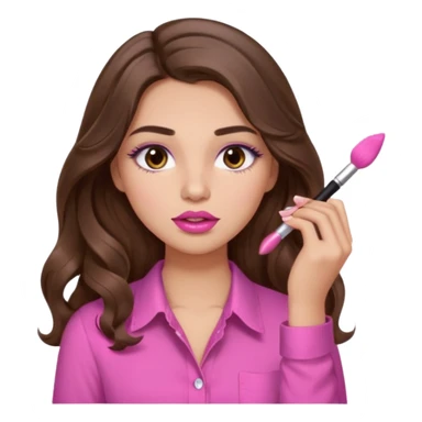 girl with long wavy brown hair, brown eyes, light to medium complexion, in a pink shirt, pink lips, long lashes, puckered lips, putting on makeup sticker