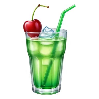 Create an emoji with a very clear rounded glass and ice, bright transparent green soda , a smooth vanilla scoop circle shape, a glossy red cherry, using vibrant colors, soft shading, and clear glass highlights.
 sticker