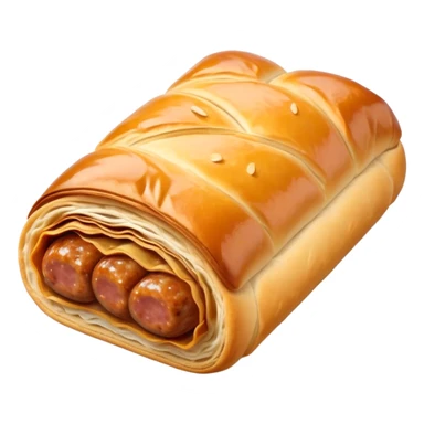 cinematic-realistic-sausage-roll-dish-emoji,-depicted-with-a-crisp,-golden-pastry-wrapped-around-flavorful-sausage,-rendered-with-detailed-textures-sitting ona.     plastic wrapper unrapped  sticker