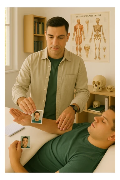 a middle-aged man, dressed in casual professional attire, is in a bright, organized therapy studio. Durante una visita di kinesiologia, il ragazzo tiene con una mano la foto di una persona lontana (il “testimone”) tiene la foto in mano, mentre con l’altra mano esegue un test muscolare su un cliente presente senza foto lui non tiene la foto. Sullo sfondo si vedono libri di kinesiologia, poster anatomici e strumenti tipici della disciplina. L’atmosfera è concentrata e serena, con luce naturale che entra dalla finestra, sottolineando l’aspetto alternativo e umano della pratica. sticker