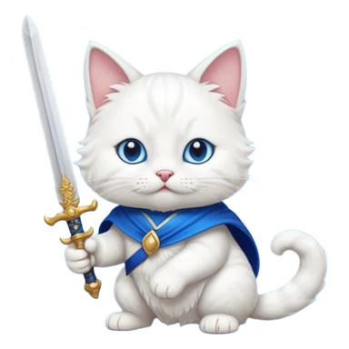 un gato blanco con una espada en cada mano y una en la boca sticker