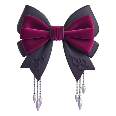 3D emoji gothic bow, black velvet texture, silver chain fringe, dark ruby center, ornate and dramatic sticker